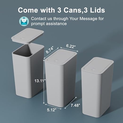 3 Pack 10 Liter / 2.6 Gallon Bathroom Trash Can, Small Trash Can with Lid, Garbage Can Waste Basket for Bathroom, Kitchen, Bedroom, Powder Room, Craft Room, Office, College (Gray) - Image 7