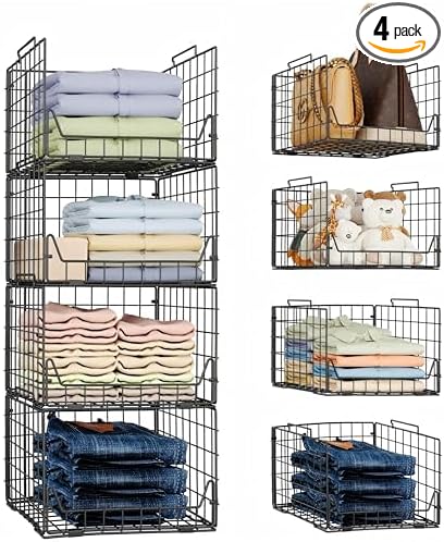 Jakyitvi Stackable Closet Organizers and Storage Bins 4 Pack, Sturdy Metal Clothes Storage Container for Clothes Pants Sweaters, Black Folded Drawer Shelf Organizer for Closet Wardrobe by Jakyitvi