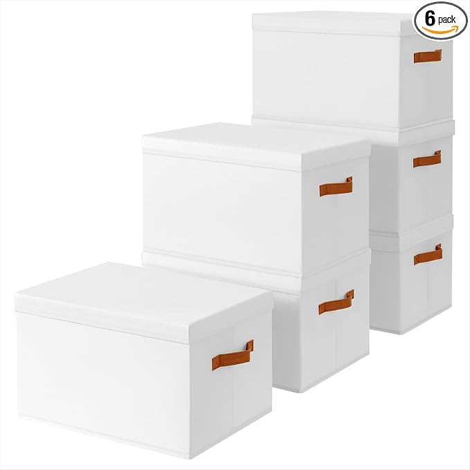 Homsorout Storage Bins with Lids - Large Fabric Closet Bins with Lid, 6 Pack Clothes Organizers and Storage, Collapsible Stackable Cube Basket for Home, Office, Dorm, White by Homsorout