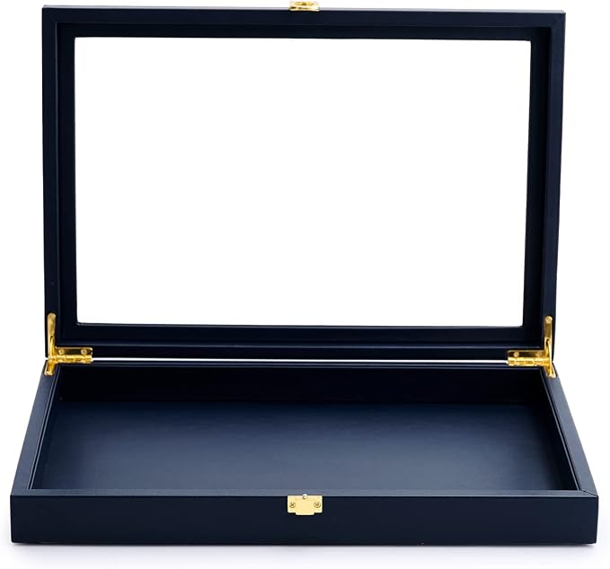 Oirlv Premium Blue Leather Flat Jewelry Tray with Acrylic Lid Jewelry Organizer Case Showcase Big Necklace Display Organizer Box with Locks for Security by Oirlv