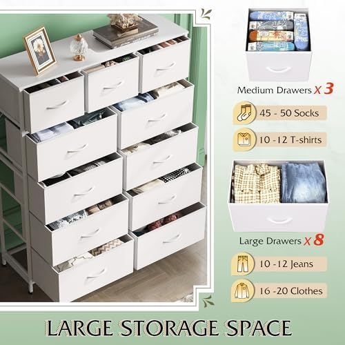 WLIVE Tall Dresser for Bedroom, Fabric Dressers Storage Tower, Dresser & Chest of Drawers Organizer Unit with 11 Drawers, Storage Cabinet, Hallway, Closets, Steel Frame, Wood Top, White - Image 5