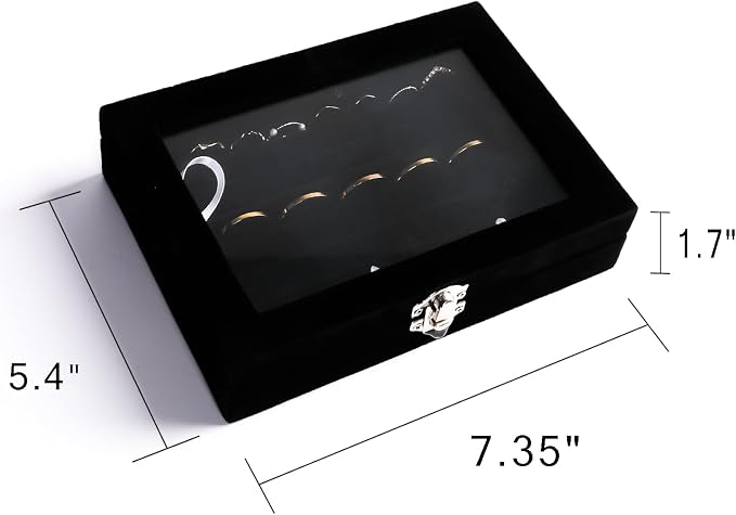 Frebeauty Rings/Earring Organizer Tray with Clear Lid,7 Slots Ring Box Velvet Ring Holder Drawer Insert Jewelry Storage Box Jewelry Display Case Jewelry Box Gift for Women and Girls(Black,7 Slots) - Image 3