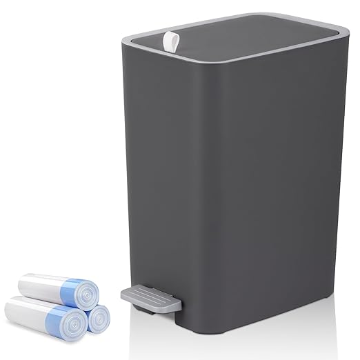 rejomiik Small Bathroom Trash Can with Lid, 2.1 Gallon Step Garbage Can with Handle, Slim Mini Wastebasket Bin for Bedroom, Office, Dorm, Dark Gray by rejomiik