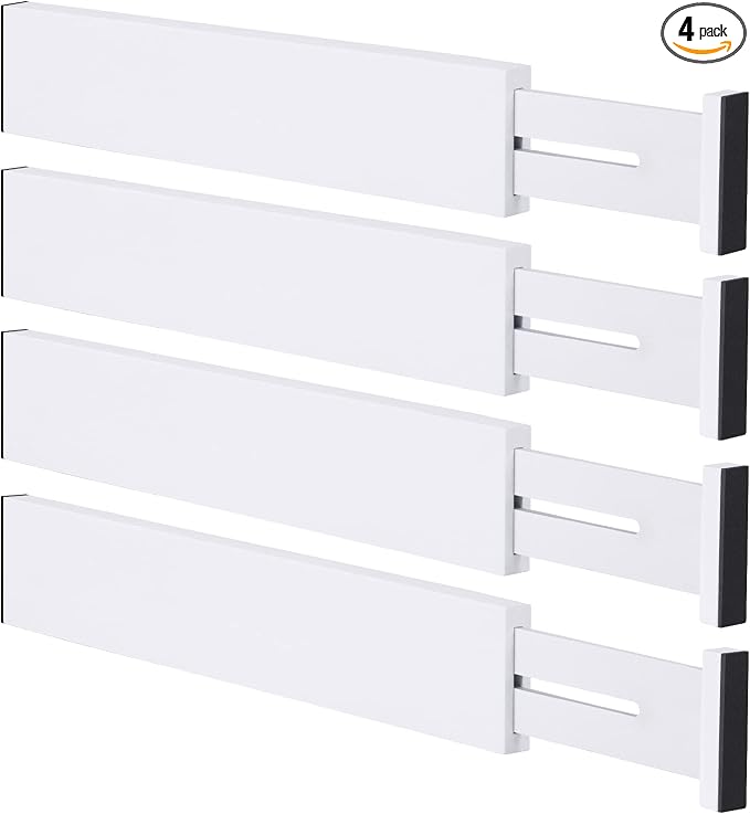 Bamboo Drawer Dividers Organizers, Kitchen Drawer Organizer, Adjustable Drawer Divider for Clothes, Kitchen, Dresser, Bedroom, Bathroom and Office, 4-Pack (White, 12-17 IN) by Ryqtop
