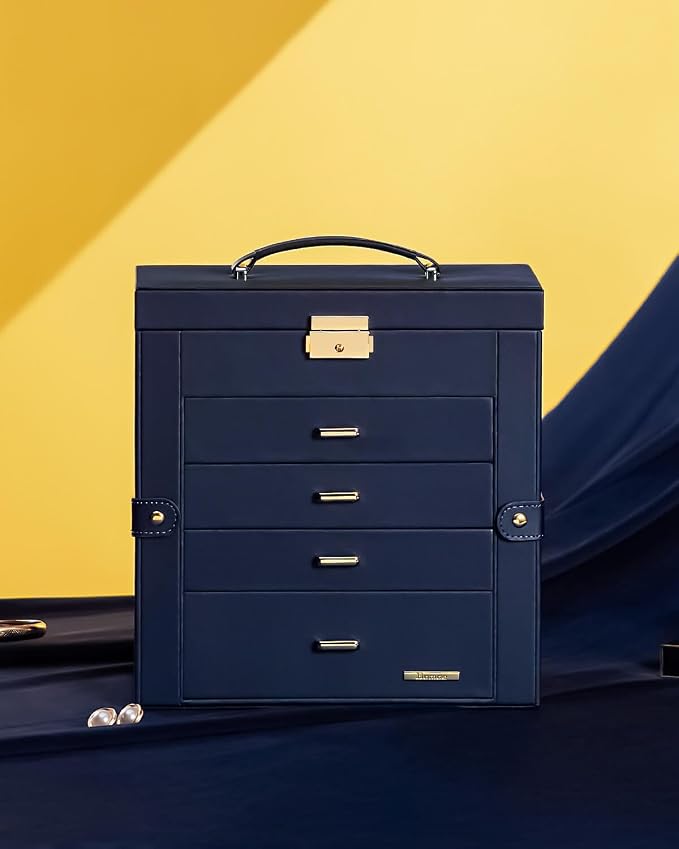 Homde Mothers Day Gifts Synthetic Leather Huge Jewelry Box Mirrored Watch Organizer Necklace Ring Earring Storage Lockable Gift Case (Dark Blue + Gold) - Image 9
