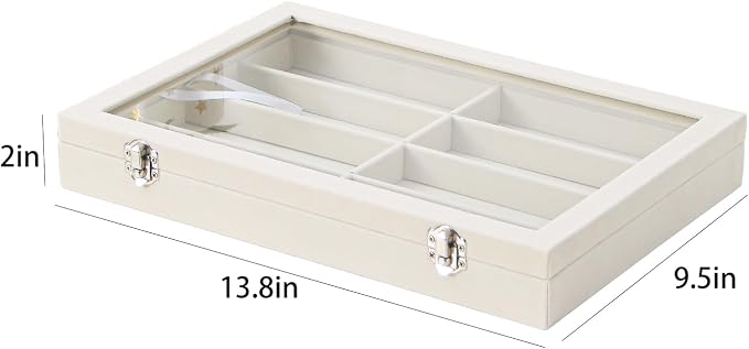 Coward Sunglass Organizer Tray Box, Beige Velvet Grids Eyeglasses Display Tray Case with Transparent Glass Lid for Home Use or Store Shop Selling Show - Image 6