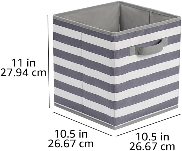 Amazon Basics Collapsible Fabric Storage Bins with Handles, Cube Organizer for Home Organization, 10.5"x10.5"x11", White/Light Grey Stripe, 6-Pack - Image 5