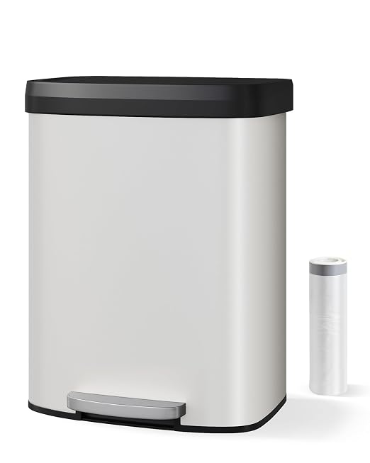 Garvee 16 gal / 60 L Metal Trash Can with Lid, Large Garbage Can for Kitchen, Rustproof Step-on Kitchen Metal Trash Bin with Liner Rim, Rear Handle, Soft Close Plastic Lid, White - Image 7