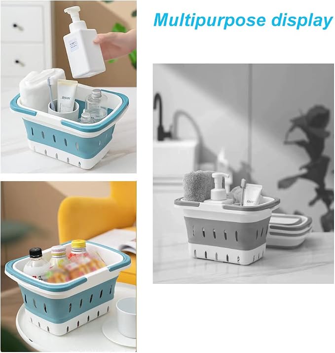 2 Pack Portable Plastic Shower Caddy Tote, Collapsible Small Basket with Handles, Box Organizer Bin for Bathroom, Kitchen, College Dorm,Gym(Grey +Blue) - Image 5