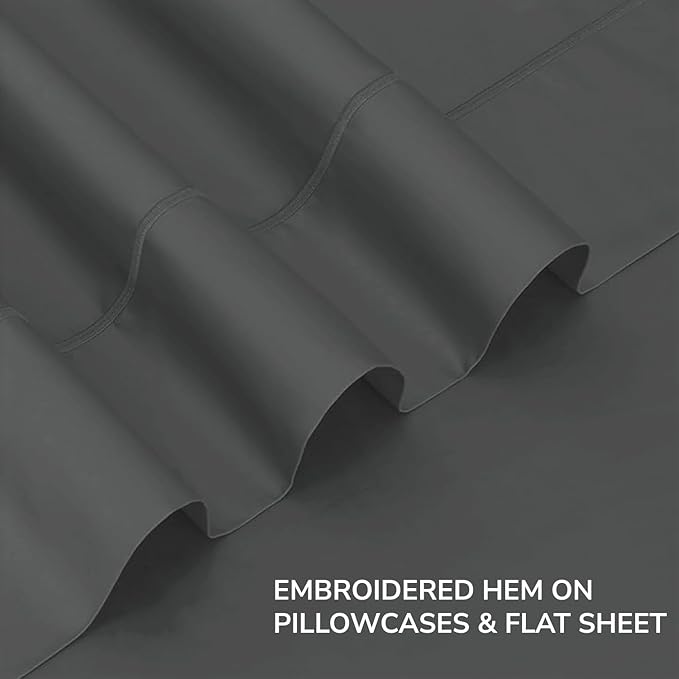 Feather & Stitch 500 TC King Size 4pc Damask Bed Sheet Set, 100% Soft Cotton Breathable Bedsheets, 18" Deep Pockets Sateen Weave Solid Bedding Mattress Resort Hotel Luxury Decor - (Charcoal Slate)