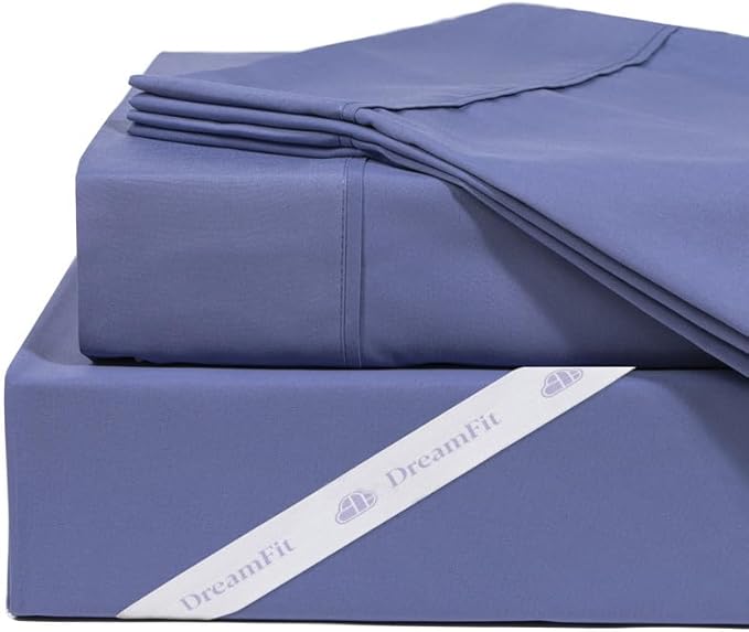 DreamFit DreamCool 100% Pima Cotton Sheets with Elastic Corner Straps, 20 Inch, Queen, Blue