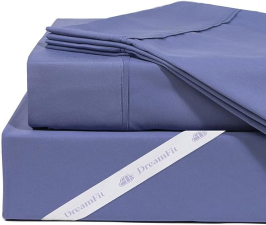 DreamFit DreamCool 100% Pima Cotton Sheets with Elastic Corner Straps 20 Inch Extra Deep Pocket Crafted in USA Bedding Guaranteed to Stay On Luxury Sheets California King Sheets Set Blue