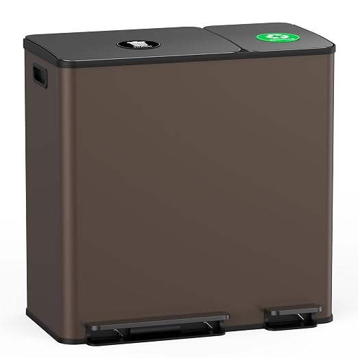 Lovewind Dual Trash and Recycling Bins for Kitchen, 13+6 Gallon Stainless Steel Garbage and Recycle Bin Combo for Large Families, Dual Trash Can with Soft Close Lid & Magnetic Stickers, Brown by LOVEWIND