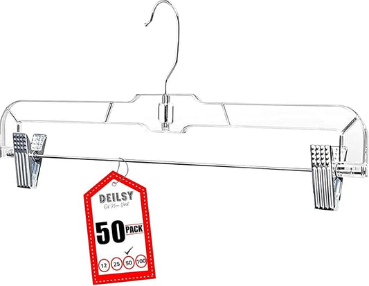 DEILSY™ Skirt Hangers 50 Pack Pants with Clips Hanger Shorts Clear Plastic Clothes with Adjustable Clip Non-Slip Clothes Hanger Perfect for Pant, Pack of 50 by Deilsy