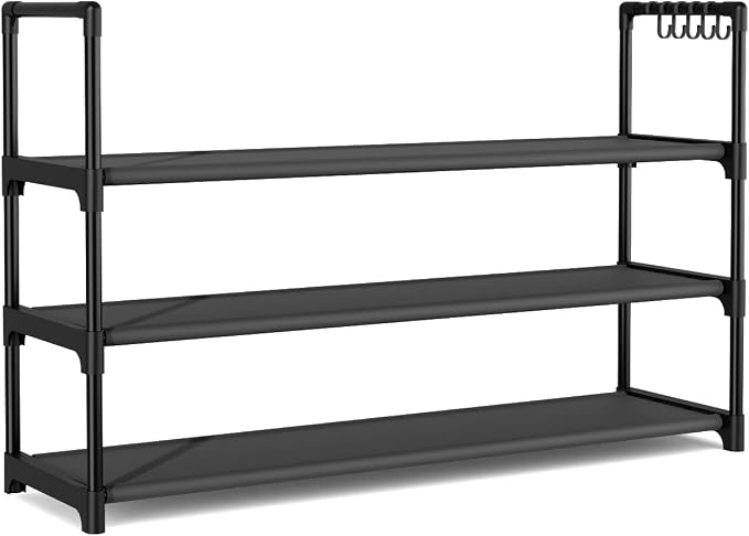 VILICK Shoe Rack for Closet Shoe Organizer Space Saver Storage for 12-15 Pair Shoe Shelf with Hook Free Standing 3 Tier Shoe Rack Organizer for Entryway, Small Spaces, Black - Image 8