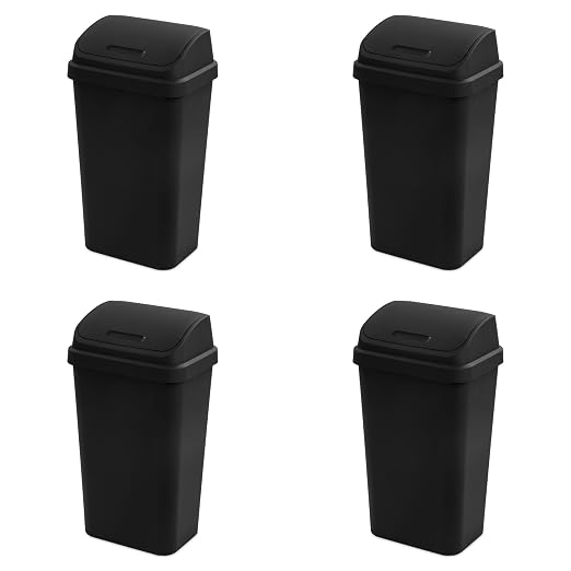 Sterilite 4-Pack Swing Top Wastebasket, Sleek Square Profile Trash Can, 13 Gallon, Black - Modern Garbage Bin for Kitchen, Bathroom, Garage and Workspace, Fits 13 Gal Liners by Sterilite