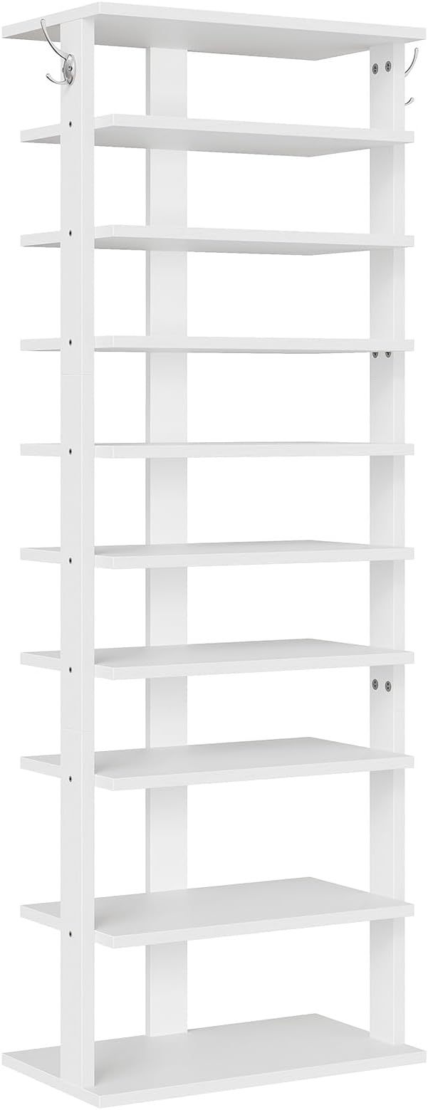 HOOBRO 10 Tiers Vertical Shoe Rack, Wooden Shoe Storage Organizer with Hooks, Narrow Shoe Tower for 20 Pairs, Space Saving, for Entryway, Living Room, Bedroom, White WT140XJ01 - Image 9
