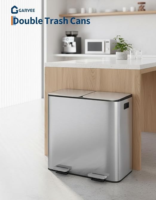 Garvee Double Trash Can, 2 x 10.6 gal (2 x 40 L) Garbage Can for Kitchen Dual Compartment Recycling Kitchen Step Trash Bin, Stainless Steel Trash and Recycle Bin Combo with Soft-Close Lid,Silver - Image 6