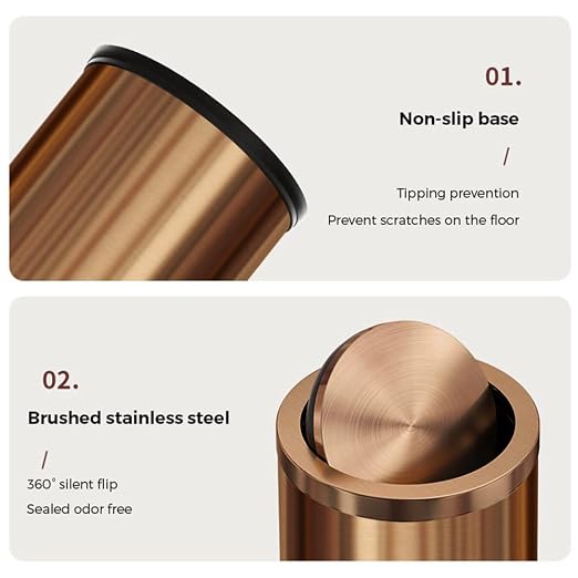 Antique Brass Bathroom Trash can with lid，Stainless Steel,Small Grabage Can with Flipping Lid, 9L/2.4Gal for Living Room,Bedroom,Guest Room,Hotel (Rose Gold) - Image 5