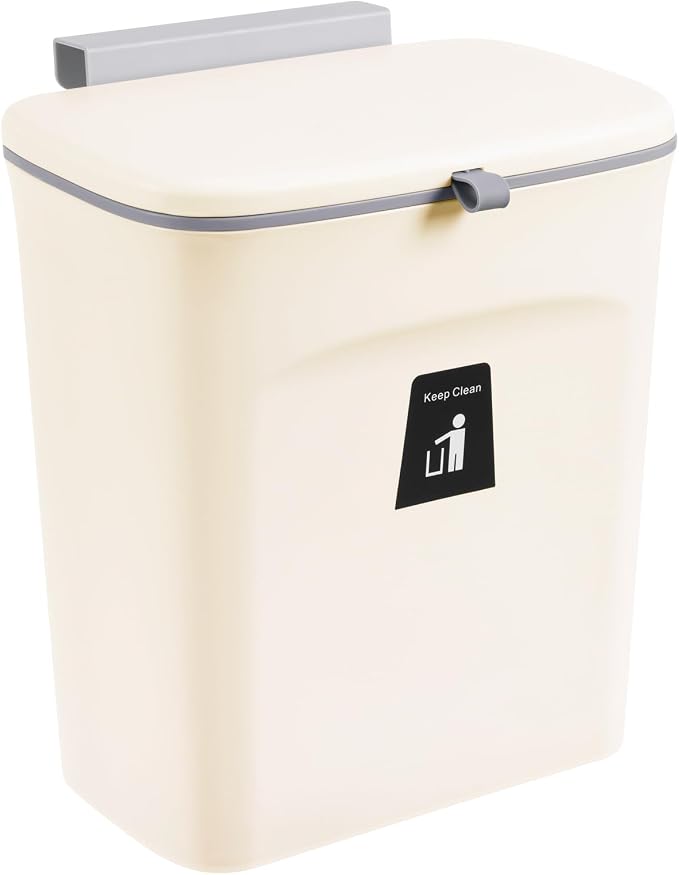 Tiyafuro 2.4 Gallon Kitchen Compost Bin for Counter Top or Under Sink, Hanging Small Trash Can with Lid for Cupboard/Bathroom/Bedroom/Office/Camping, Mountable Indoor Compost Bucket, Beige by Tiyafuro