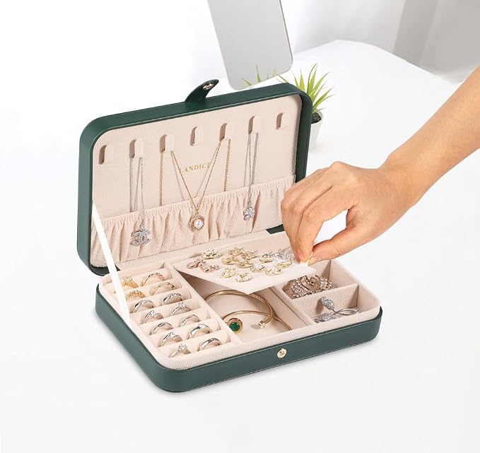 LANDICI Small Jewelry Box for Women Girls, PU Leather Travel Jewelry Organizer Case, Jewellery Storage Holder Display for Ring Earrings Necklace Bracelet Bangle Watch Men Kids Gift, Blackish Green - Image 5