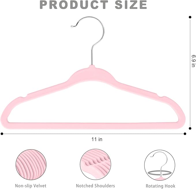 BAGAIL 50 Pack Kids Velvet Hangers 11 Inches Children's Clothes Hangers Non-Slip Baby Hangers for Infant/Toddler (Blush Pink) - Image 2
