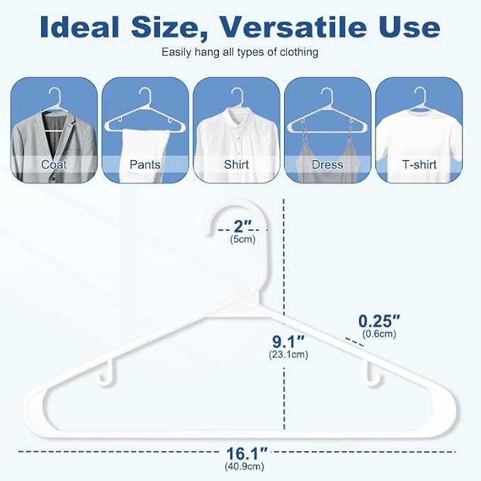 HOUSE DAY White Plastic Hangers 100 Pack, Plastic Clothes Hangers with Built-in Hooks, Durable and Strong Coat Hangers for Closet, Space Saving Clothing Hanger for Shirts, Coats, Skirt, Dress - Image 2