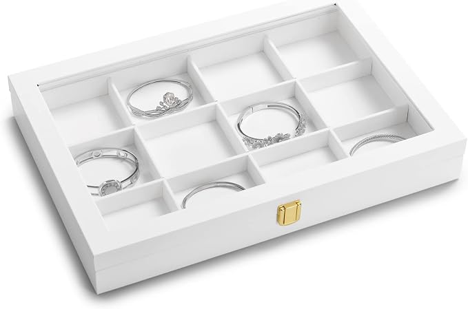 Oirlv White 12 Gird Jewelry Organizer Tray with Acrylic Lid Premium Leather Jewelry Box with Transparent Lid Bracelet Bangle Watch Display Case - Image 5