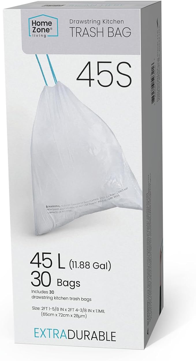 Home Zone Living 12 Gallon Kitchen Trash Bags with Drawstring Handles, Heavy Duty Custom Fit Design for Standard 45 to 50 Liter Kitchen Trash Cans, Code 45S, 30-Count by HomeZoneLiving