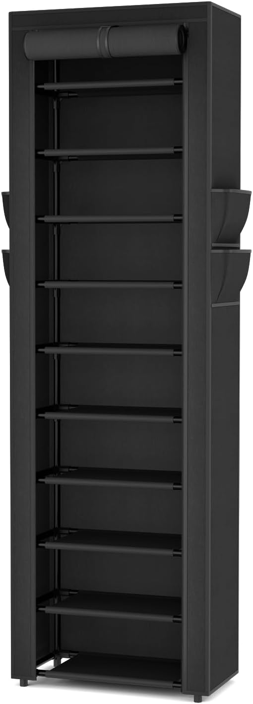 VTRIN Vertical Narrow Shoe Rack Organizer 10 Tier Tall Shoe Shelf Holds 20-22 Pairs with Non-Woven Dustproof Cover for Closet, Entryway Black - Image 9