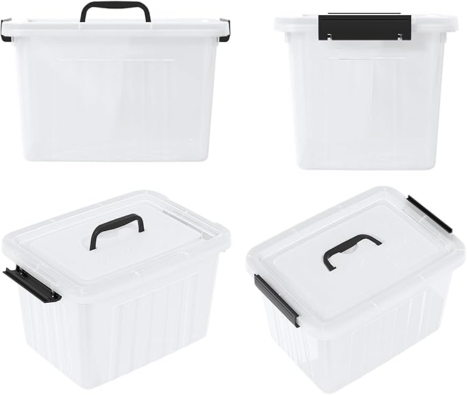 Clear Storage Latch Bin 12 Quart, Plastic Organizing Box with Lid and Black Handles, 6-Pack