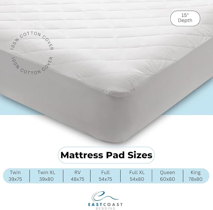100% Cotton Cover Waterproof Mattress Pad Protector Polyester Filled Quilted Deep Pocket Fits Up to 18 Inches, Queen
