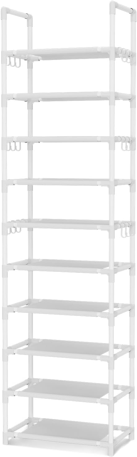 VTRIN 10 Tiers Tall Shoe Rack Holds 20-25 Pairs of Shoes Sturdy Vertical Shoe Organizer with 18pcs Hooks Stackable Narrow Shoe Rack for Closet, Entryway White - Image 8