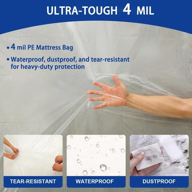 TopSoon Mattress Bag – Clear Plastic Mattress Disposal Bag – Moving & Storage Cover for Mattress or Box Spring – Heavy-Duty Mattress Moving Supplies (4mil, King/Queen 78" x 14" x 100")