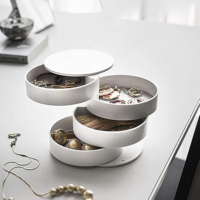 Jewelry Organizer Small Jewelry Storage Box 4-Layer Rotating Travel Jewelry Tray Holder for Women Bracelets Rings Bracelets Earrings (White) - Image 5
