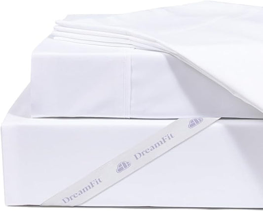 DreamFit DreamCool 100% Pima Cotton Sheets with Elastic Corner Straps 20 Inch Extra Deep Pocket Crafted in USA Hotel Style Luxury Sheets for Adjustable Bed Split Head King Sheets Set White