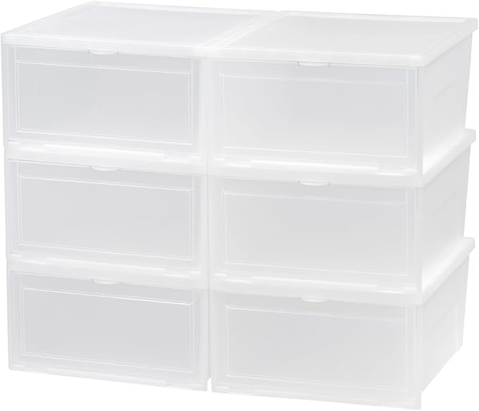 IRIS USA Stackable Shoe Storage Box with Latch Drop Front Door, 6-Pack, for Scarf Game Organizer Container with Ventilation Holes for Closet Under Bed Entryway Storage, Strudy, Wide, Clear - Image 12