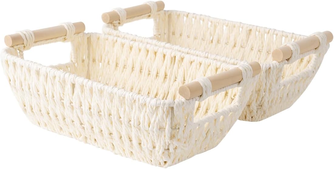 StorageWorks Round Paper Rope Woven Basket with Wooden Handles for Gifts, Small Wicker Baskets for Shelf, Beige, 2-Pack by StorageWorks
