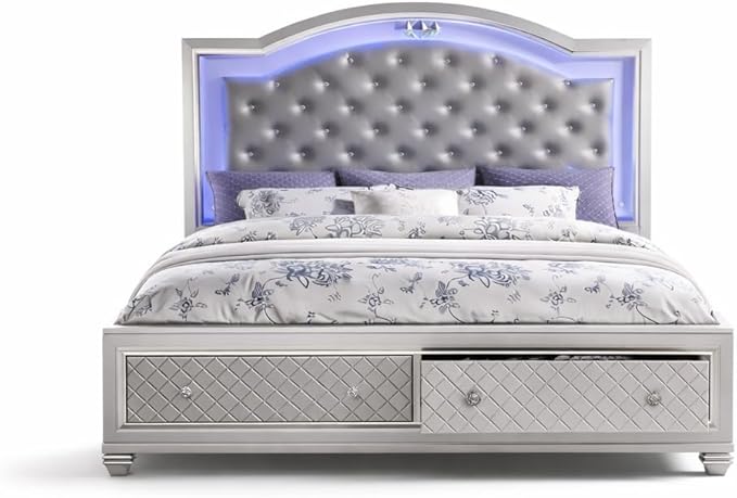 First of a Kind Shiney Contemporary 5 Piece King Bedroom Set High Gloss Silver Finish with Upholstered Headboard, Sleek Modern Bedroom Furniture Set for Coordinated Interiors