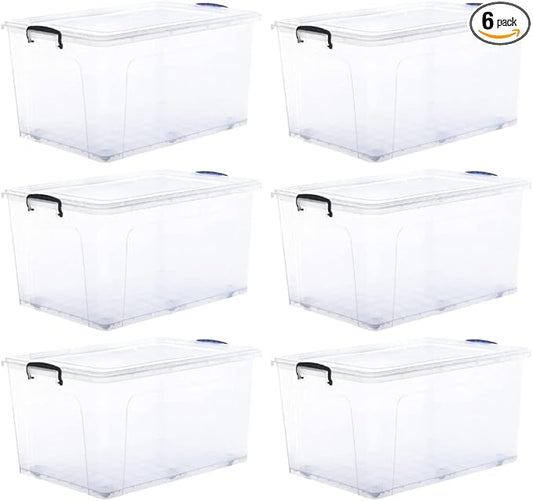 Superio Storage Bins with Lids- Clear Boxes for Organizing, Stackable Plastic Containers- BPA Free, Non-Toxic, Odor Free, Organizer for Home, Office, Dorm (6 Pack, 85 Qt (Wheeled))