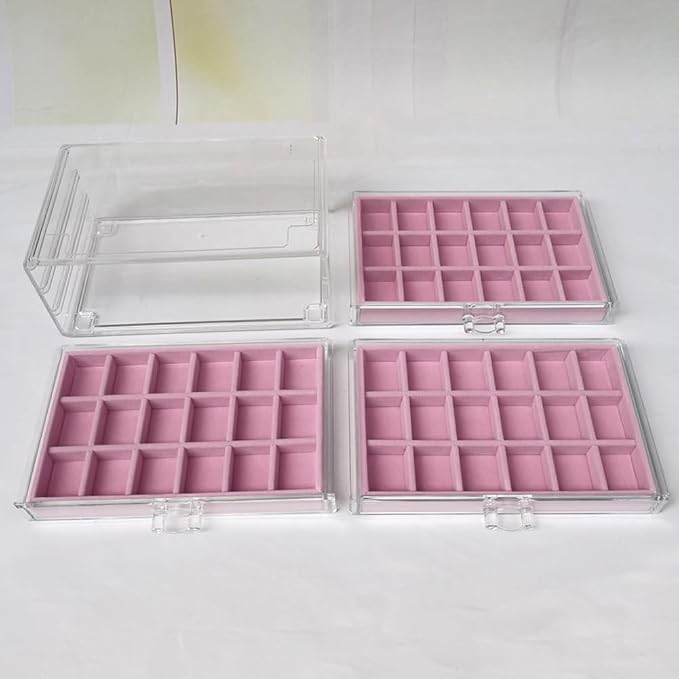 YUFONG Earring Organizer Box Acrylic Jewelry Organizer with 3 Drawers 54 Adjustable Grids Clear Stackable Earring Holder Velvet Trays Ring Display Case for Women Girls (Pink) - Image 6