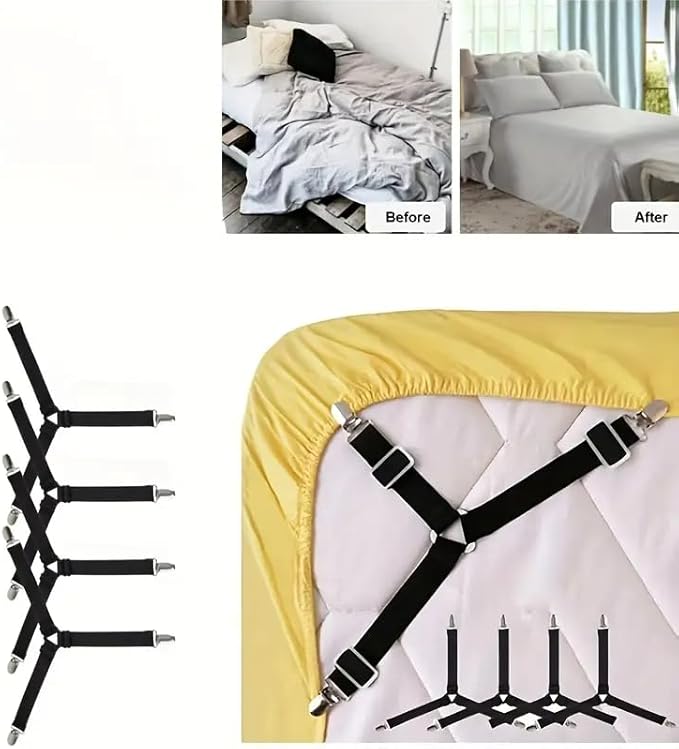 Bed Sheet Fasteners – Adjustable Elastic Mattress Suspenders & Corner Straps, Bed Sheet Gripper Clips for Fitted Sheets, Mattress Covers & Pads, Triangle Black Set of 4