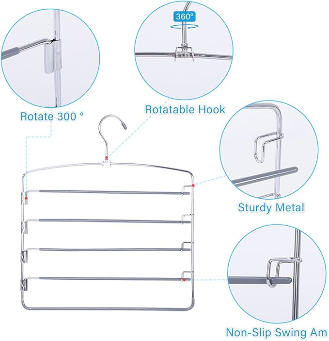 FeeraHozer Pants Hangers Space Saving 3 Pack No Slip 5 Layers Multi Functional Pants Rack Stainless Steel Swing Arm Space Saver Hanger for Trousers Jeans Towels Scarf （Grey） - Image 3