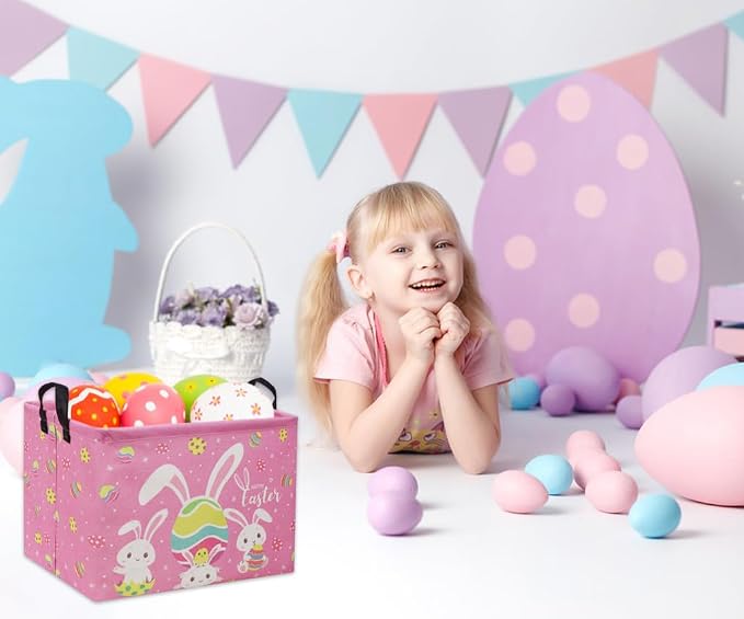 Rectangular Easter Baskets Gift Basket Empty Pink Bunny Kids Storage Bin Baby Boy Basket Kids Toy Storage Bin Organizer Box Easter Room Decor for Home(Pink Easter) - Image 4