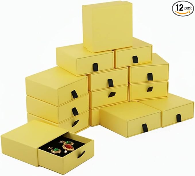 Jewelry Gift Box Velvet-Lined, 12 Pack Compact Drawer Style for Earrings & Rings, Necklace & Bracelet Organizer, Stackable Jewelry Display & Storage Box, Elegant Jewelry Storage (Yellow) by Zitonyang