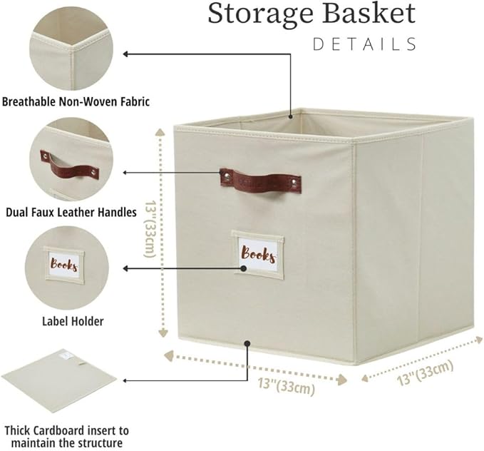 DECOMOMO Storage Cubes, 13x13x13 Storage Cube Bins with Labels, Fabric Organizer Bins (13" / 6pcs, Beige) - Image 3