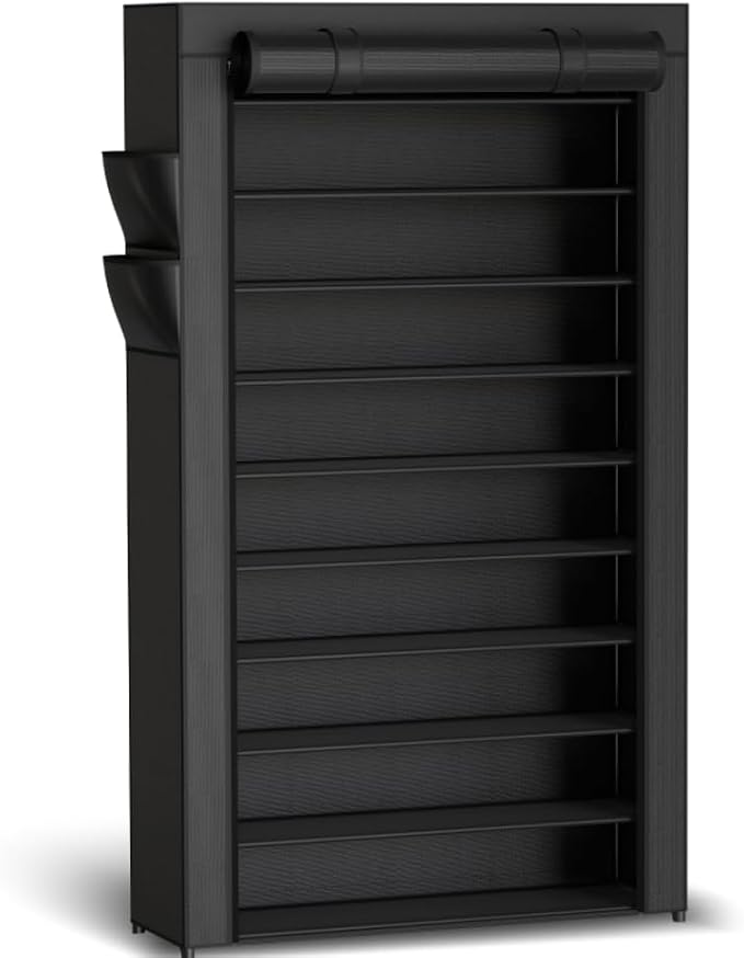 Kitsure Shoe Rack - 10-Tier Large Capacity Shoe Organizer Shelf with Dust Cover & Side Pockets, Rust-Proof Metal Shoe Rack for Closet, Entrance, Living Room, 33.6" x 12.4" x 69.3", Black by Kitsure