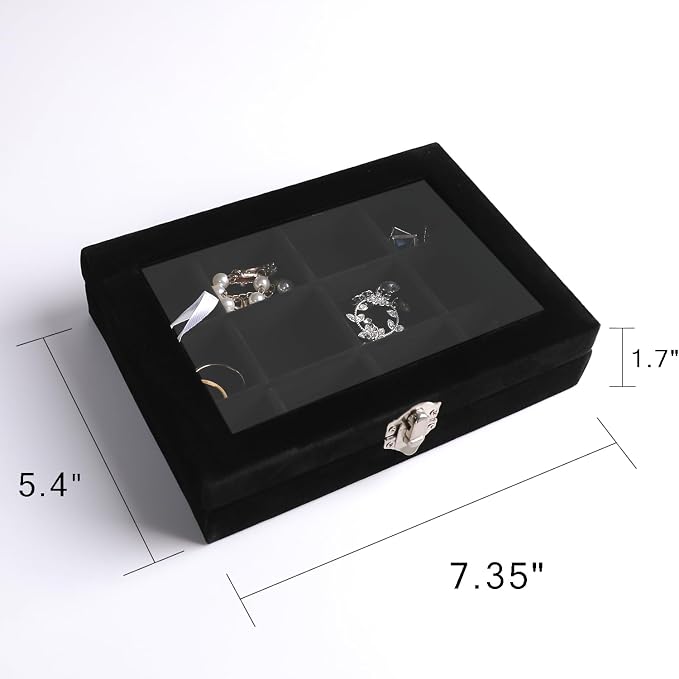 Frebeauty Jewelry Organizer Tray with Clear Lid,12 Grid Velvet Drawer Insert Jewelry Box with Transparent lid Jewelry Display Case Store Showcase Jewelry Box Gift for Women(Black,12 Grid) - Image 3