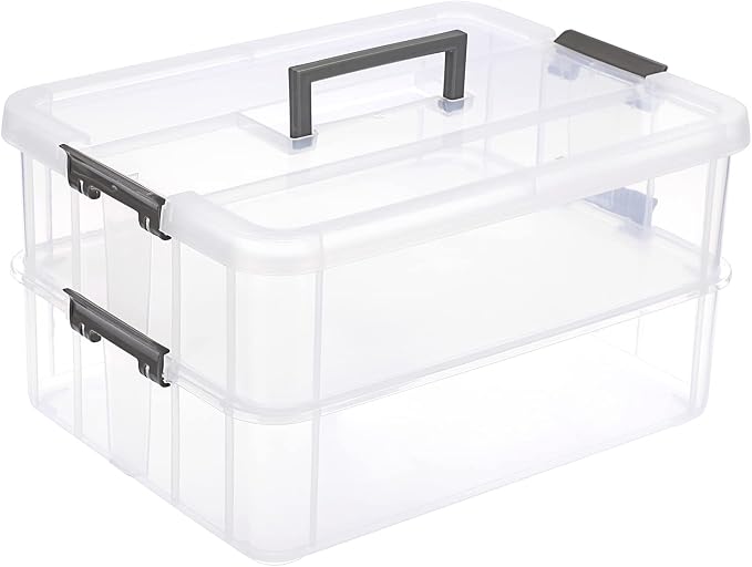 JUXYES 2-Tiers Stack Carry Storage Box With Handle, Transparent Stackable Storage Bin With Handle Lid Latching Storage Container for School & Office Supplies by JUXYES