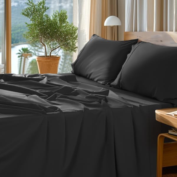 SONORO KATE 100% Egyptian Cotton Sheets Set - 1000 High Thread Count, Luxury 5-Star Hotel Sateen Bed Sheets, Soft, Breathable Long Staple Sheets, Fit up to 16" - 4 PC (Black,Full)